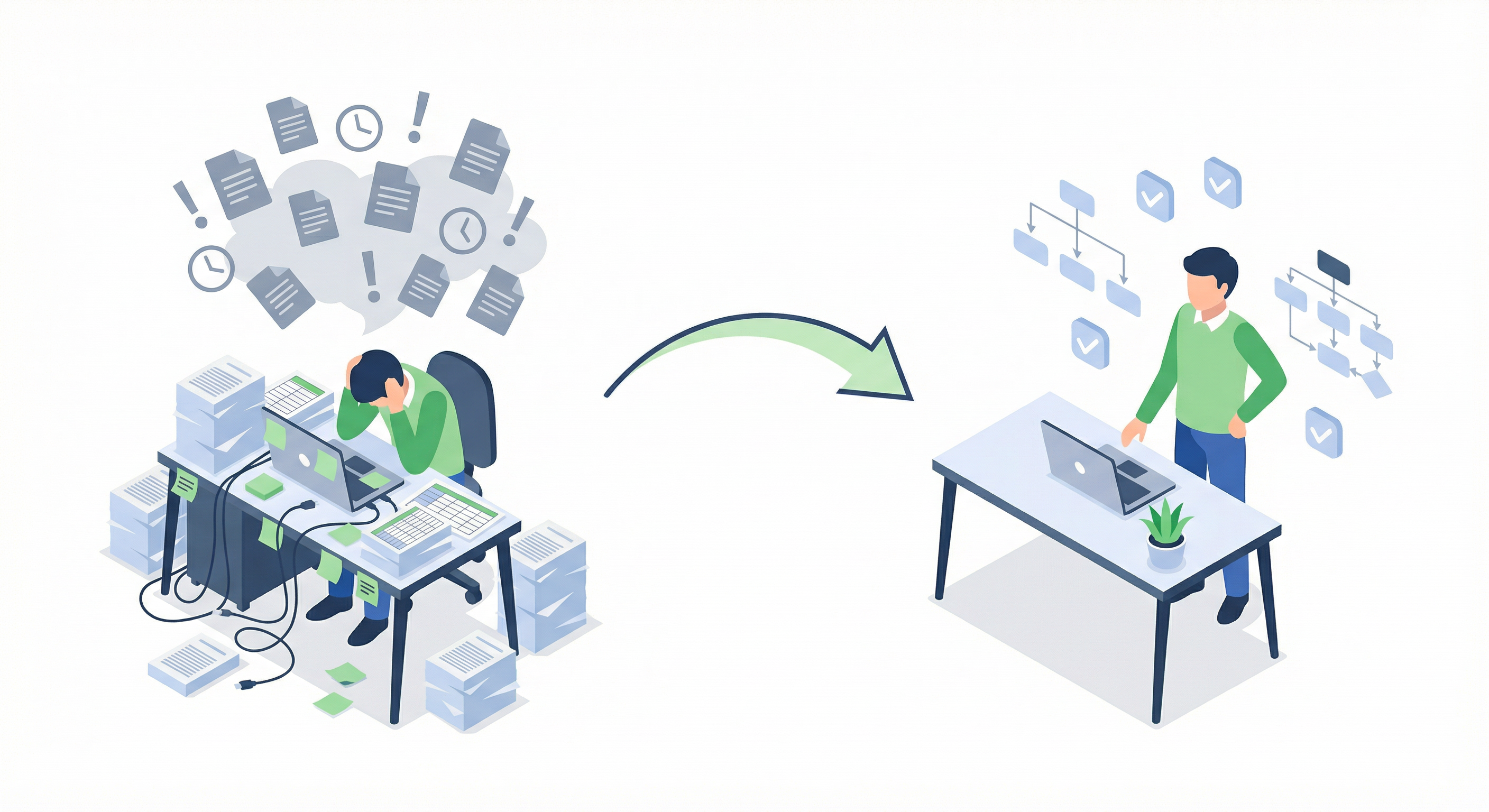 書類に埋もれた業務から、整理された快適な業務環境への変化